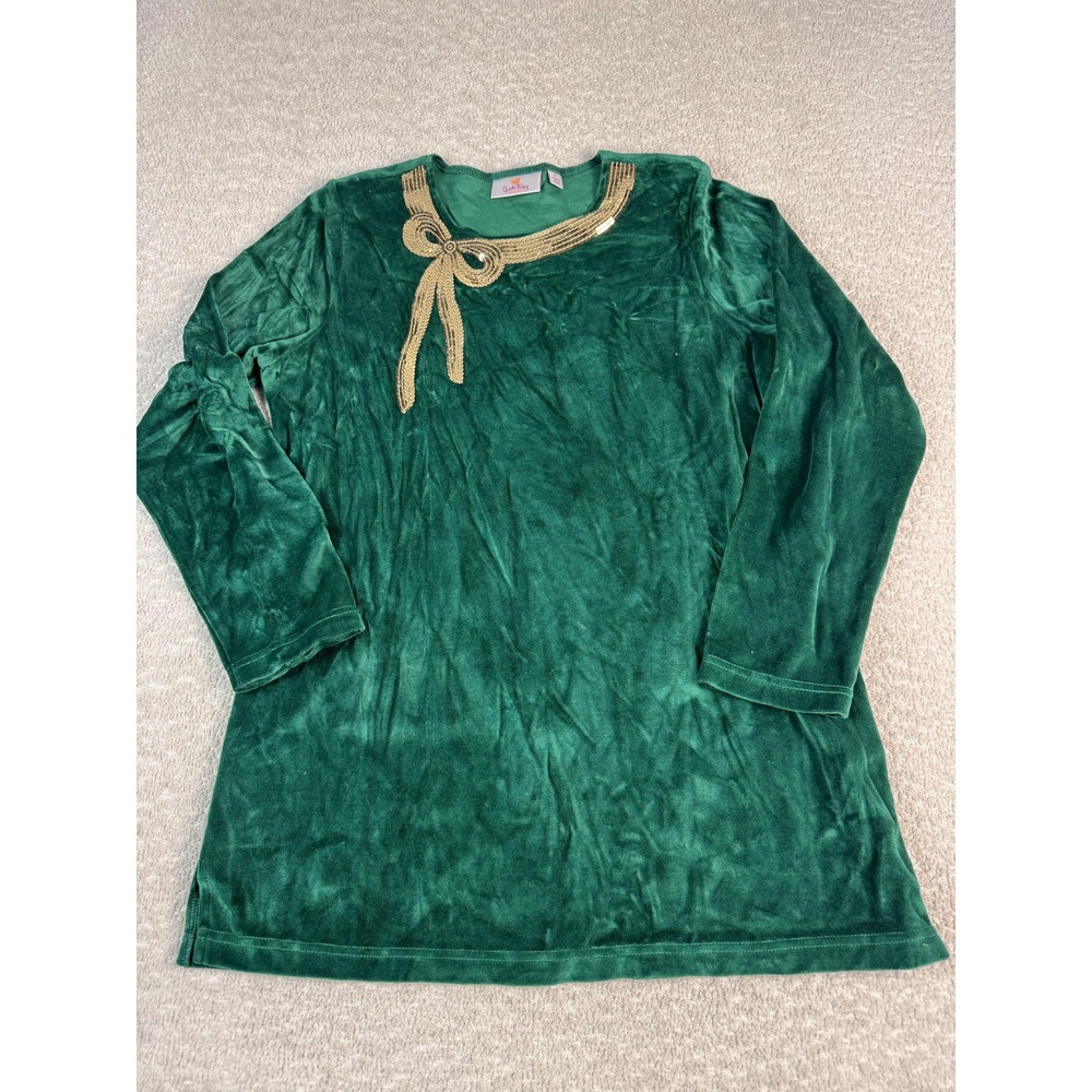 Quacker Factory Shirt Womens Medium Green‎ Velvet Tunic Top Gold Bow Embellished